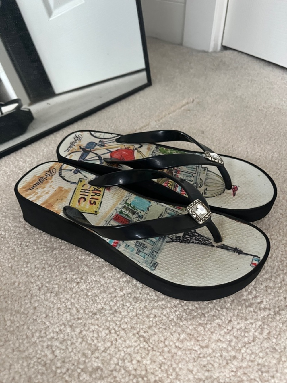 Brighton Black Flip Flops with Decorative Gem and Illustrated Footbed